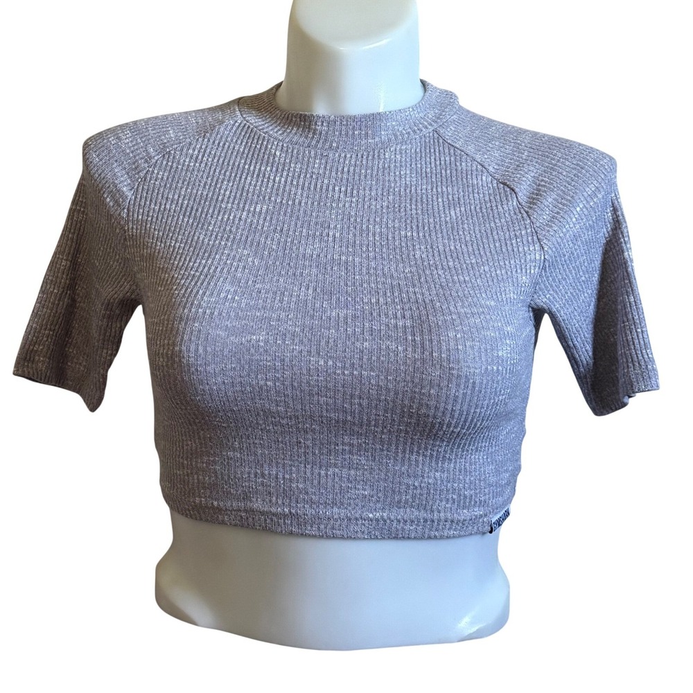 Gymshark Womens Ribbed Knit Short Sleeve Crop Top Heather Grey GLCT3738 Medium